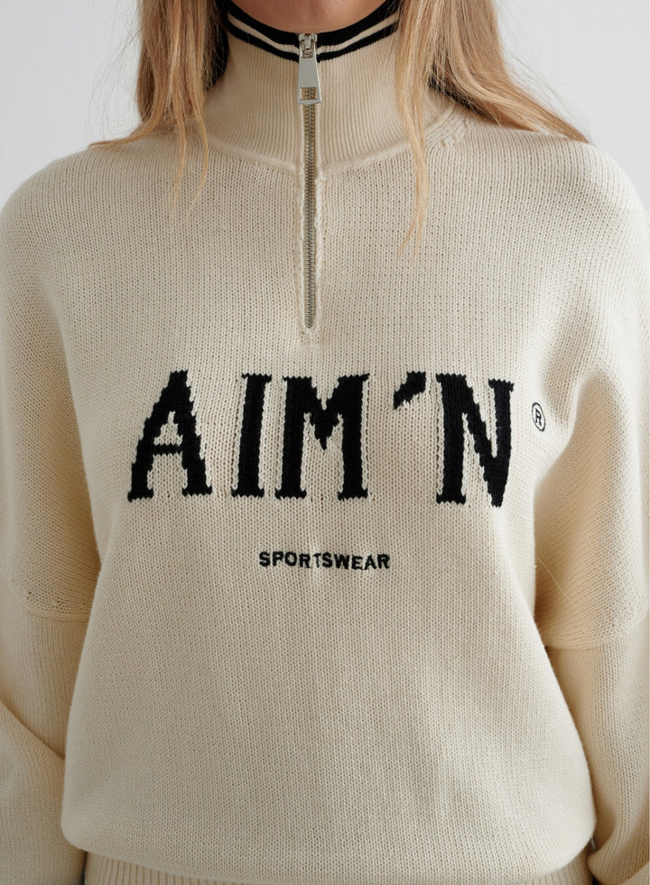 Almond White College Knitted Half Zip [M - 175 cm]