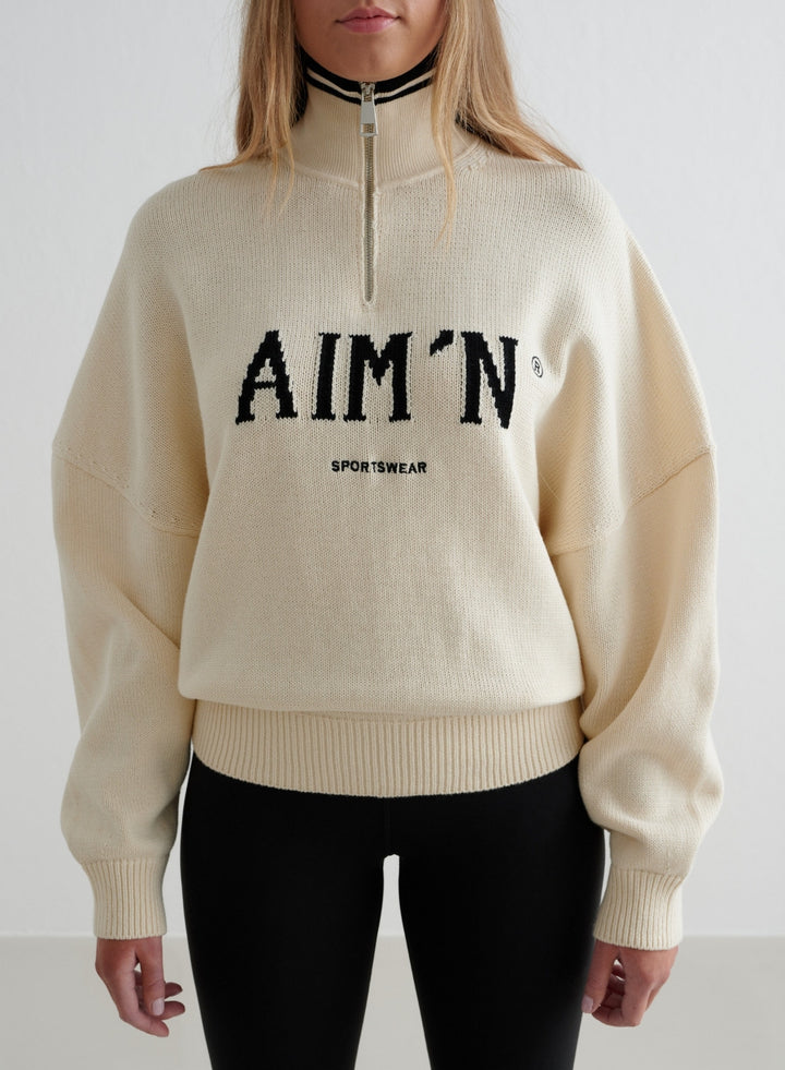 Almond White College Knitted Half Zip [M - 175 cm]