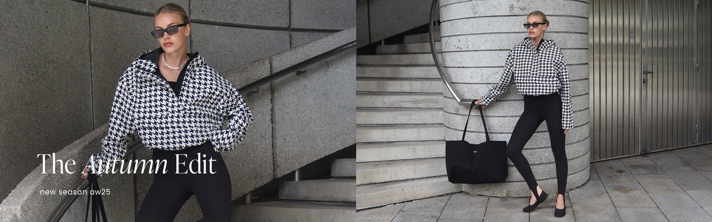Modell i Pepita Waterproof Anorak och Black Sense Stirrup Tights, stylad med solglasögon och Black Waterproof Apparel Tote Bag.
