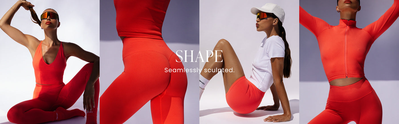Banner som presenterar vårt senaste släpp – Shape i färgen Tangerine och Grey Melange.