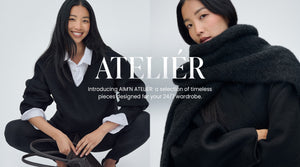Modell bär AIM’N ATELIÉR-kollektion över vit skjorta